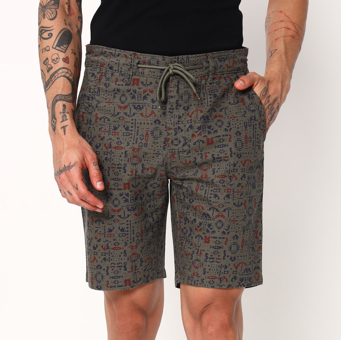 Abstract Print On Olive Shorts