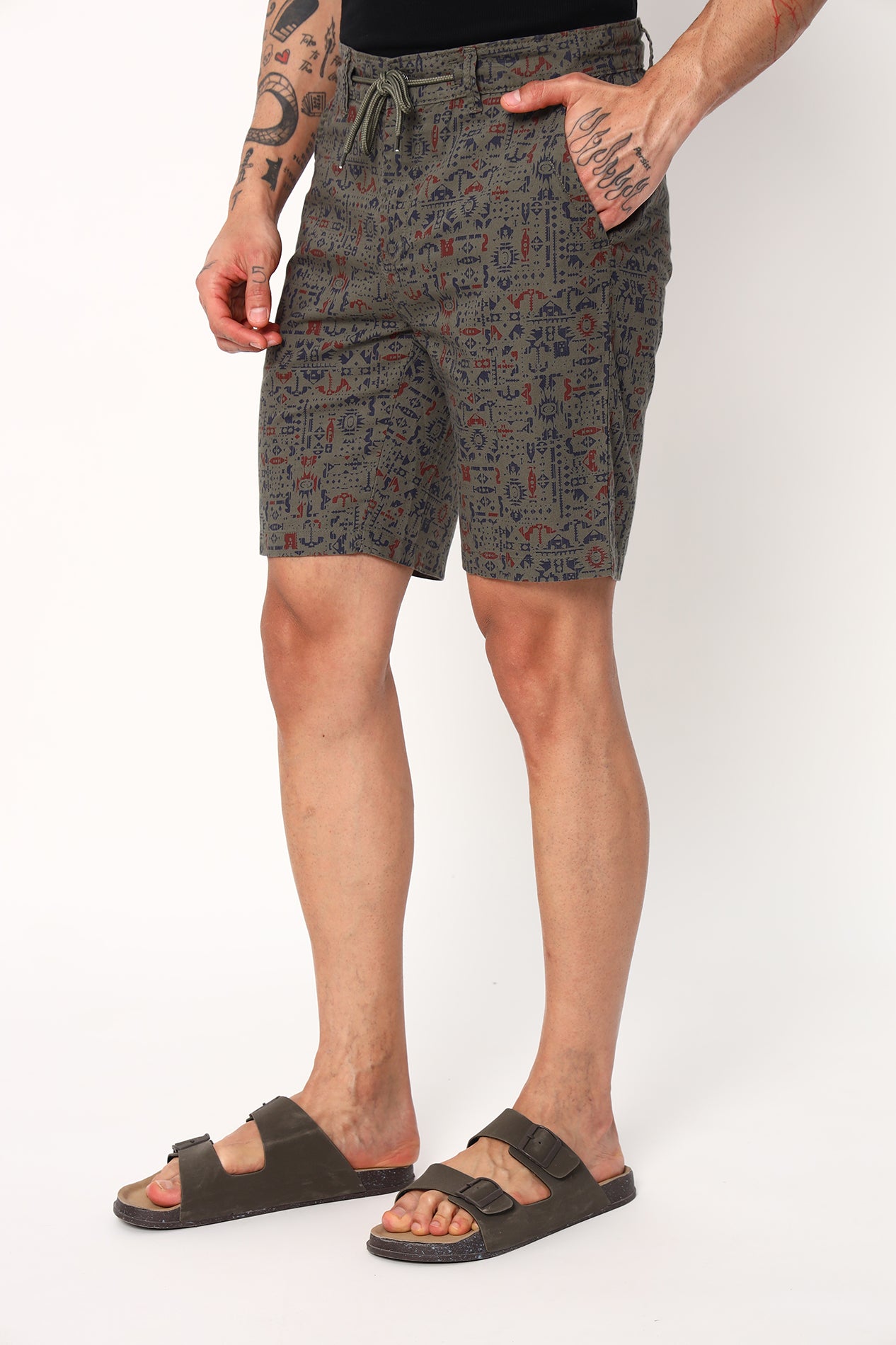 Abstract Print On Olive Shorts