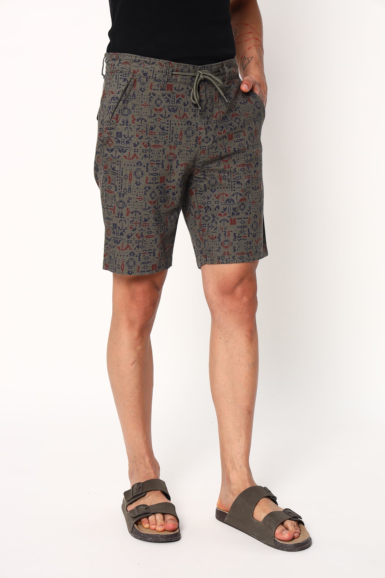 Abstract Print On Olive Shorts